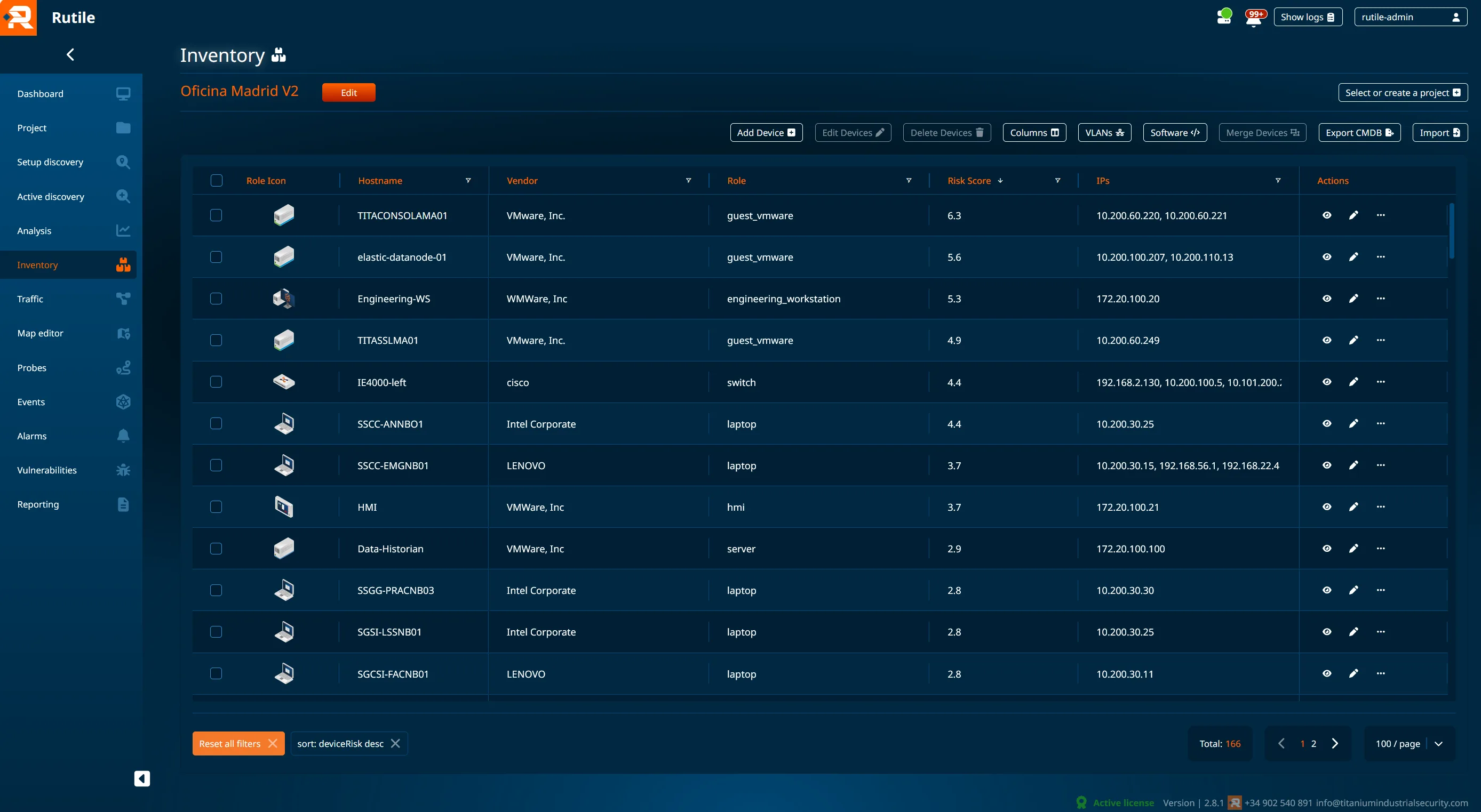 Inventario de activos industriales con fabricante, modelo, firmware y ubicación
